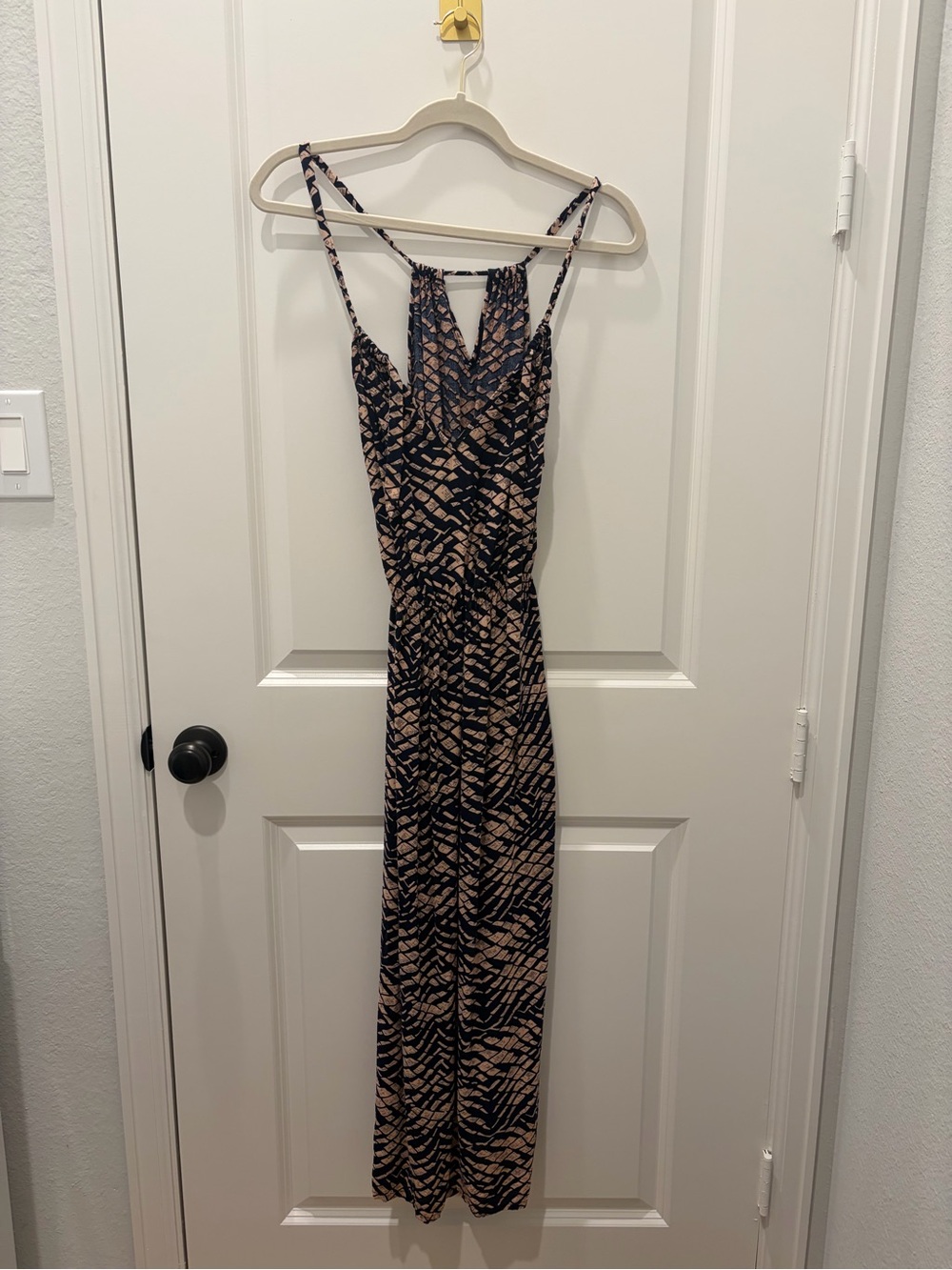 Navy & Beige Patterned Spaghetti Strap summer dress